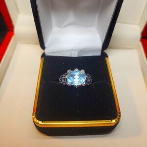SOLD! 14kt White Gold Topaz Ring accented with CZs and 8 Diamonds STS sz6